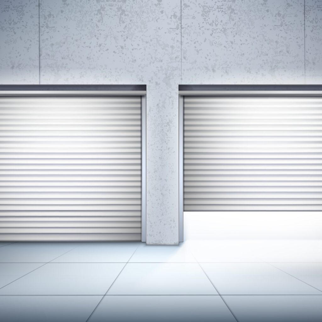 Garage with two entrances in grey color realistic composition with opening of door vector illustration